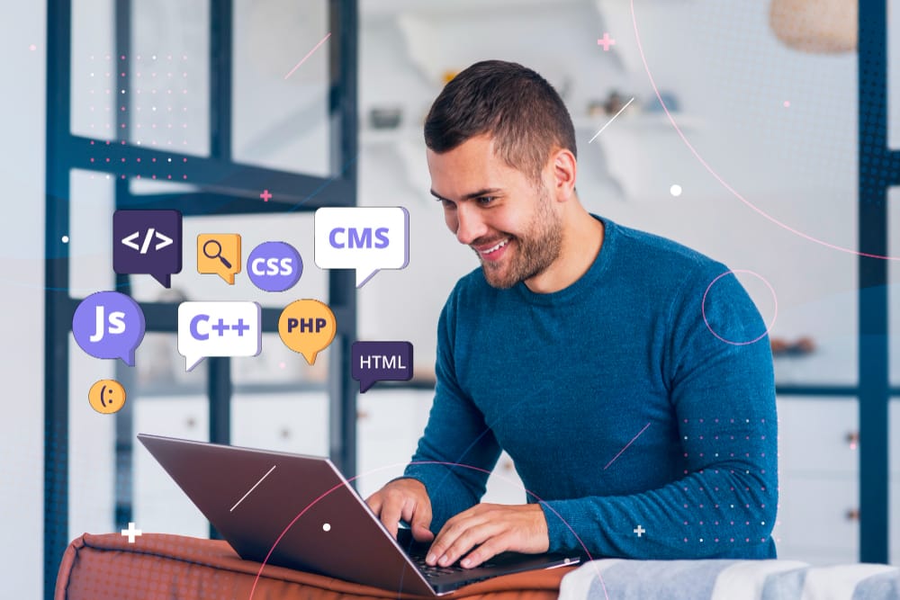 A developer building a website, surrounded by web technology icons
